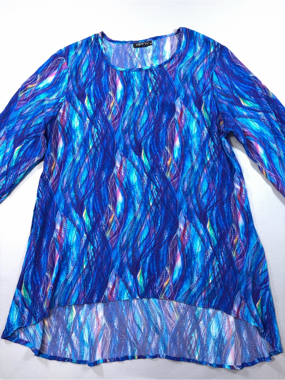 APNY Apparel Vibrant Abstract Feather Print Hi-Low Tunic Top Blouse Art to Wear